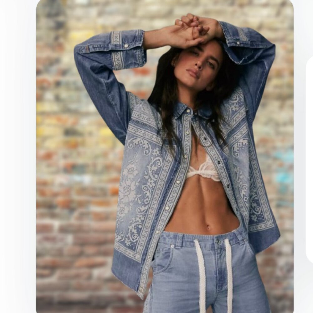 Free People Embroidered Denim Shirt - MSRP $228